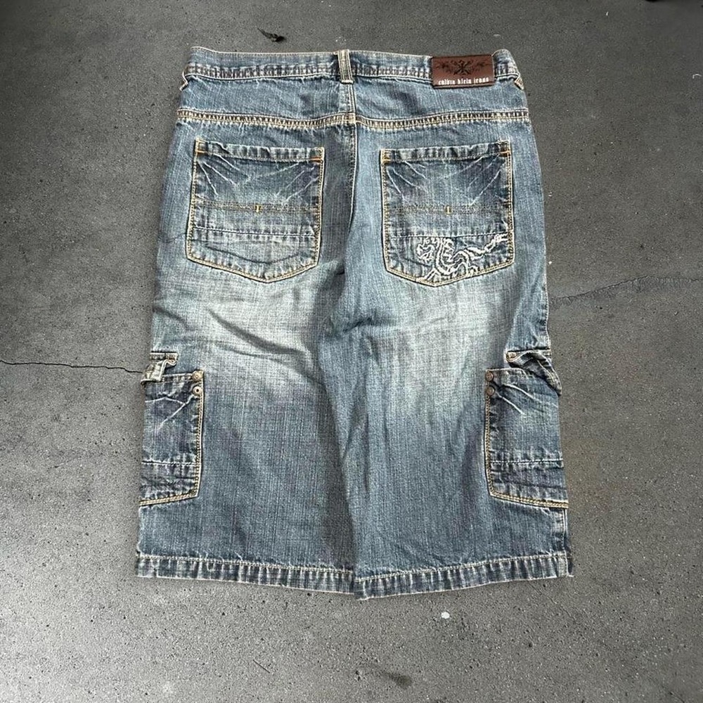 Y2k youth Calvin Klein grunge dragon baggy long skater denim cargo shorts Sz 14